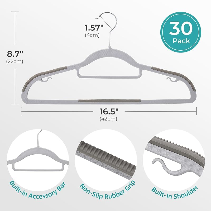 Perchas plástico antideslizantes 30uds gris ultra delgadas