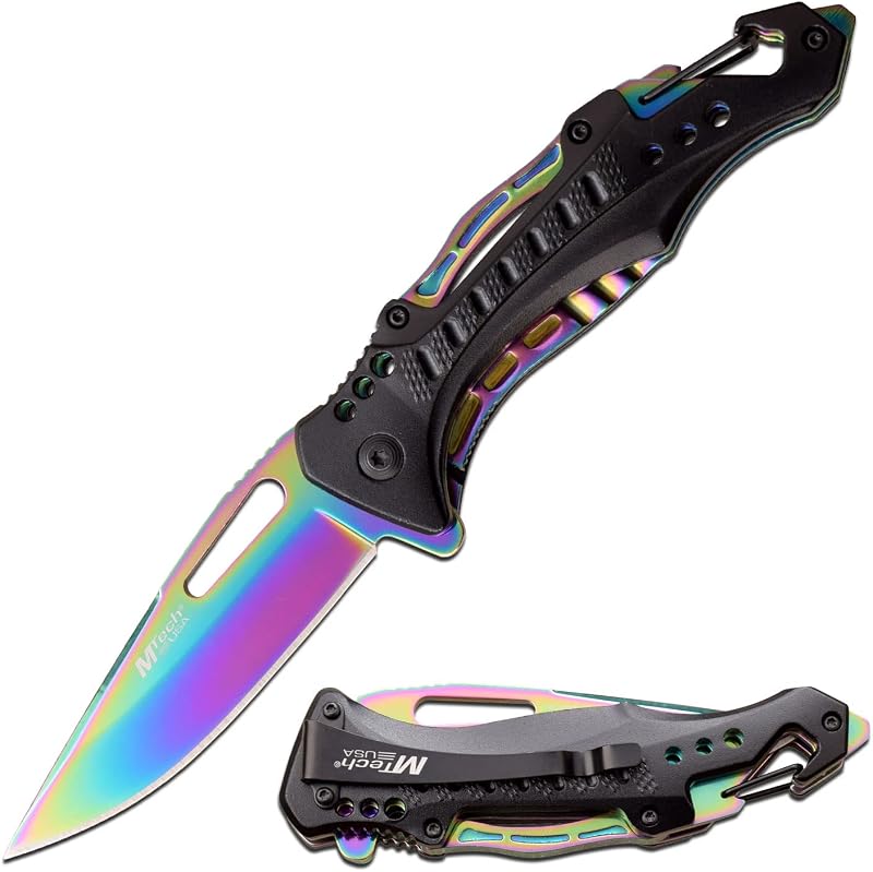 Cuchillo plegable acero inox arcoíris mango aluminio negro EDC