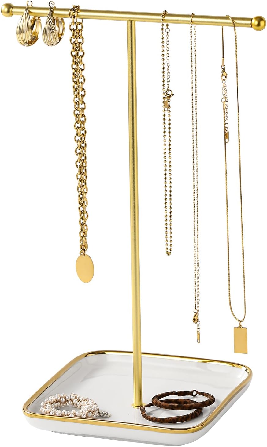 Estante joyas forma T metal dorado base cerámica