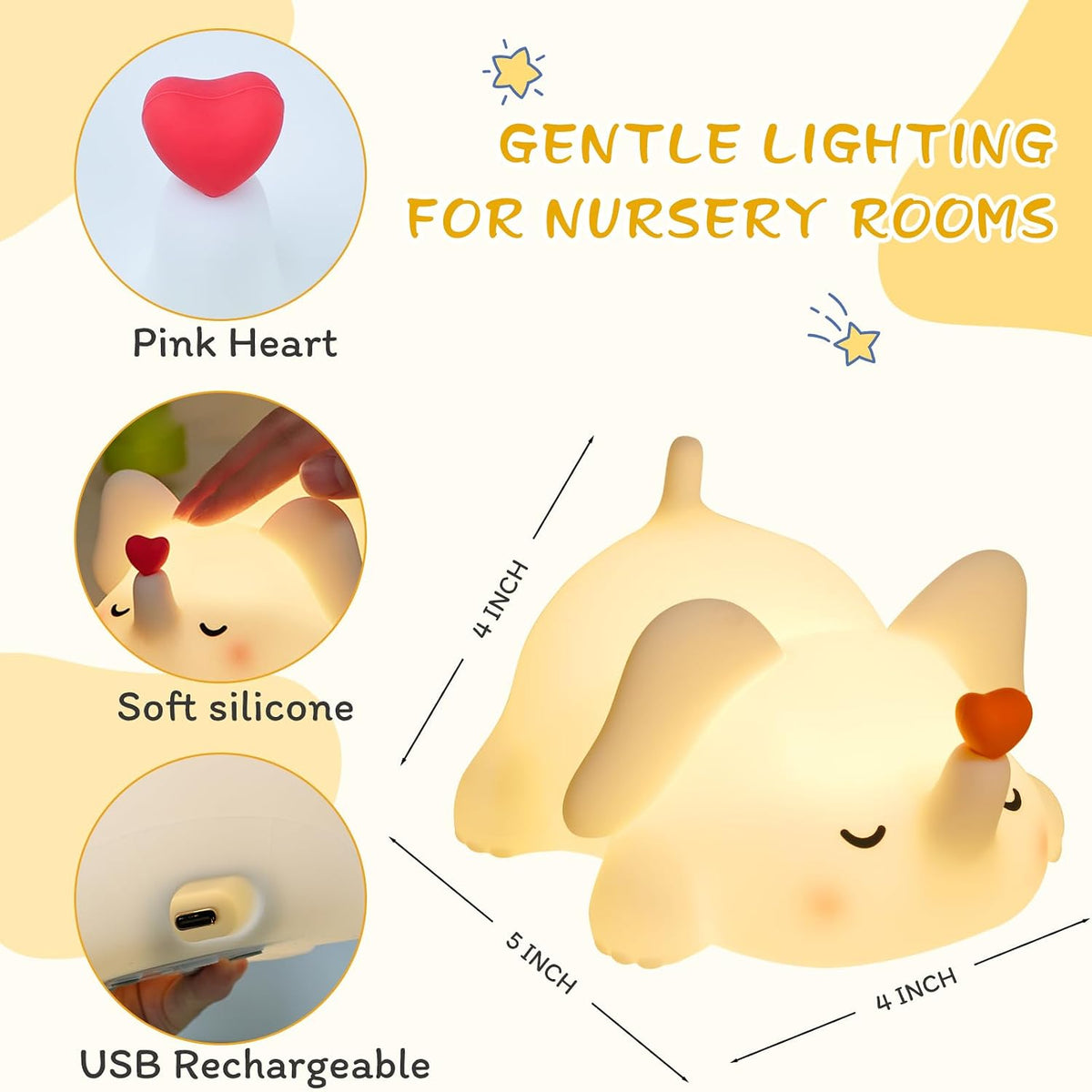 Luz Nocturna Elefante Silicona Táctil 3 Niveles Recargable Bebé