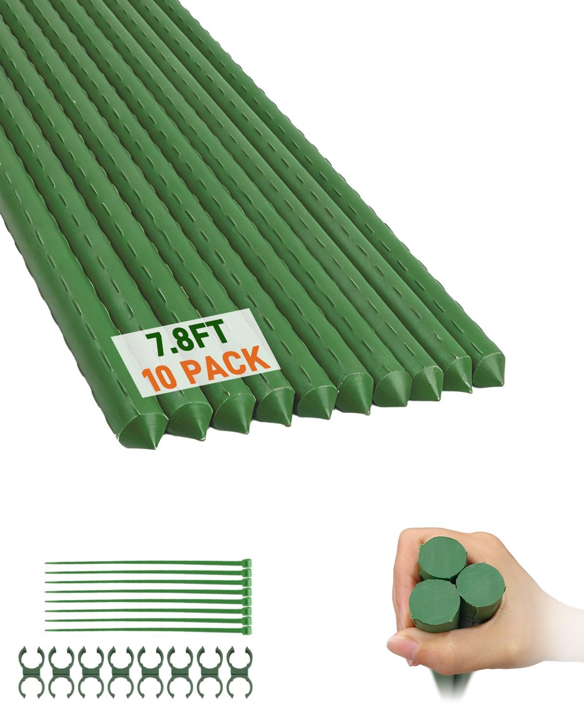 10 Estacas Jardín 8ft con Clips Plástico 0.78pulg