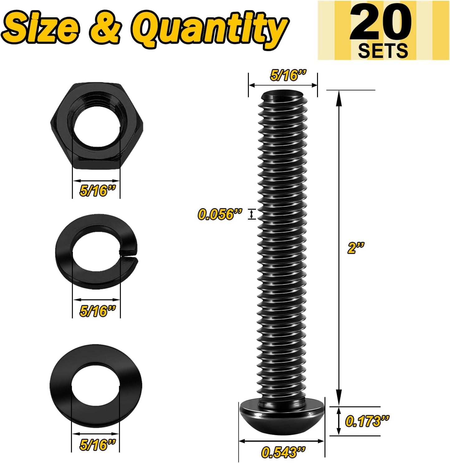 20 Pzas Tornillo 5/16-18x2 Botón Acero Inox 304 Oxidado Negro