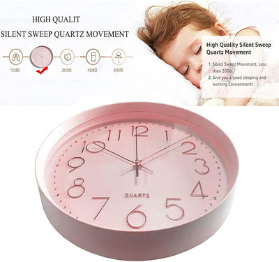 Reloj pared rosa analógico 12pulg sin tictac decorativo