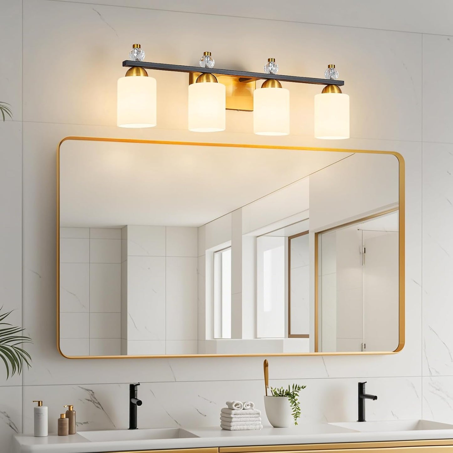Lámpara baño vidrio blanco 4 luces modernas negro dorado