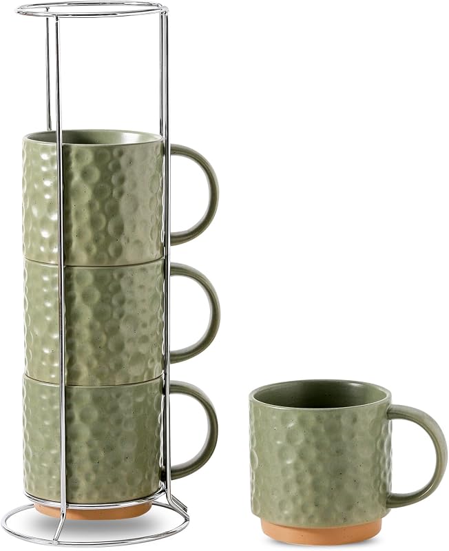 Set 4 Tazas Cerámica 16oz Inox Soporte Capuchino Té