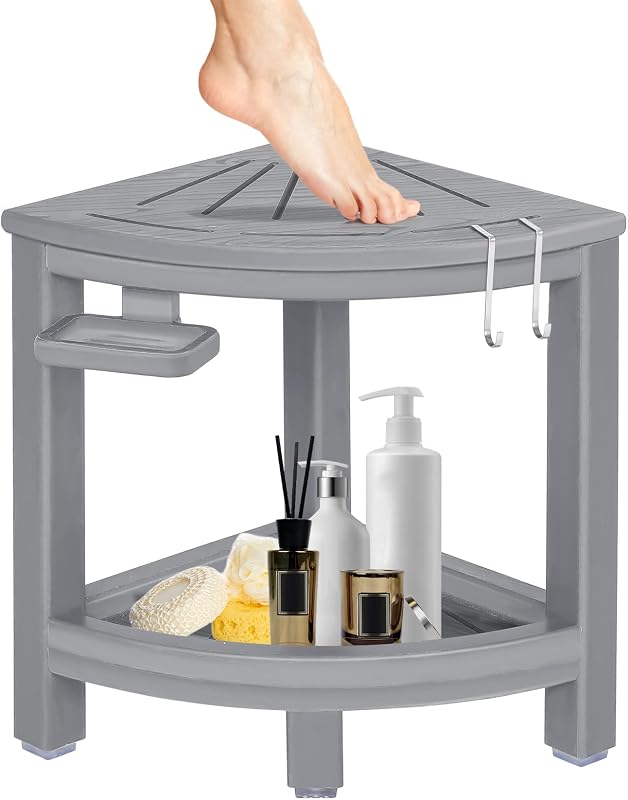 Taburete ducha esquinero 2 niveles ganchos jabonera gris