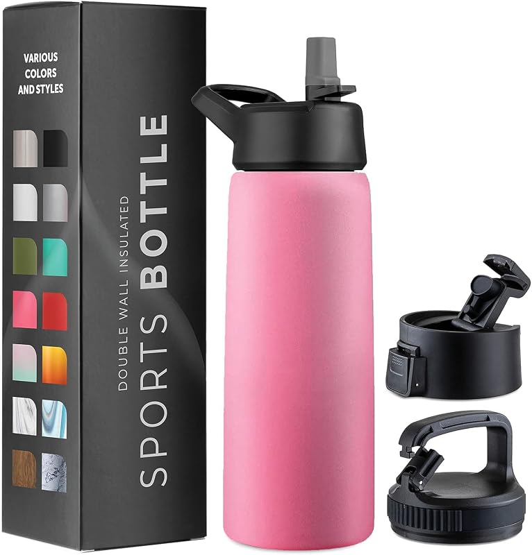 Botella agua acero inox 25oz con popote 3 tapas a prueba de fugas
