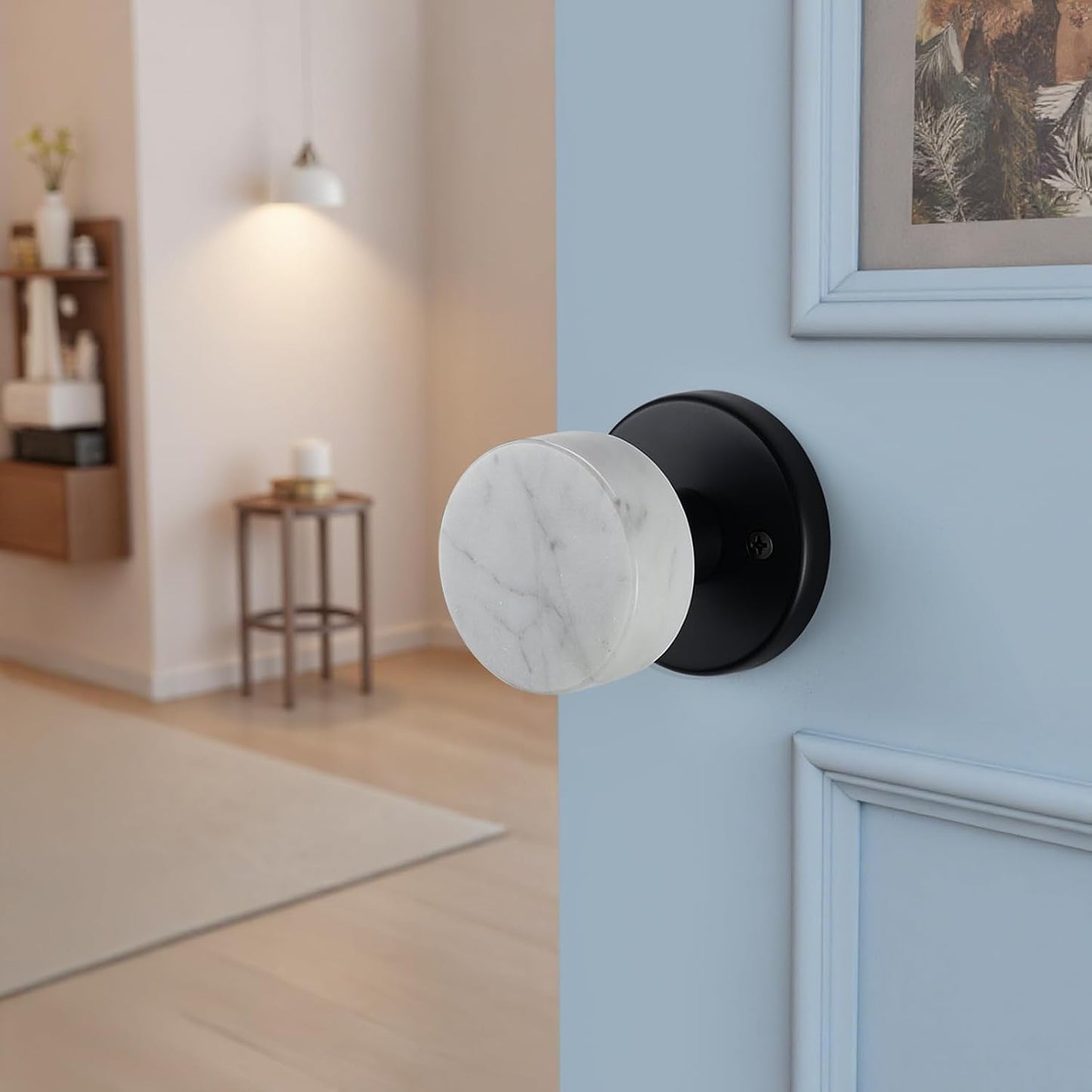 Pomo puerta mármol blanco roseta negra mate diseño sin