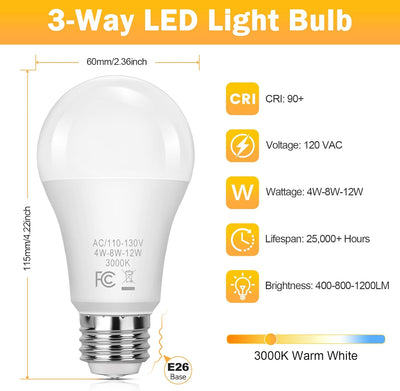 Pack 2 Bombillas LED 3 Vías E26 A19 Blanco Cálido