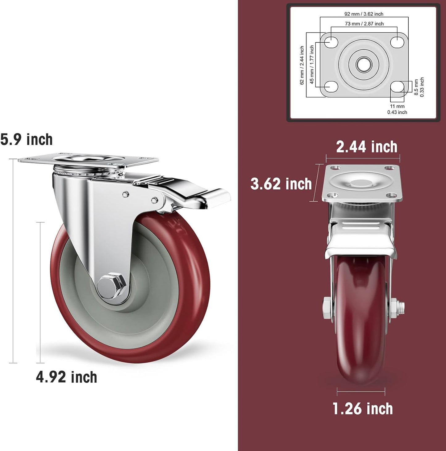 Ruedas 5pulg con freno set 16 capacidad 1400lb doble
