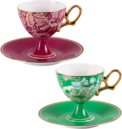 Set 2 Tazas Cerámica Espresso con Platillos Florales 7.7oz