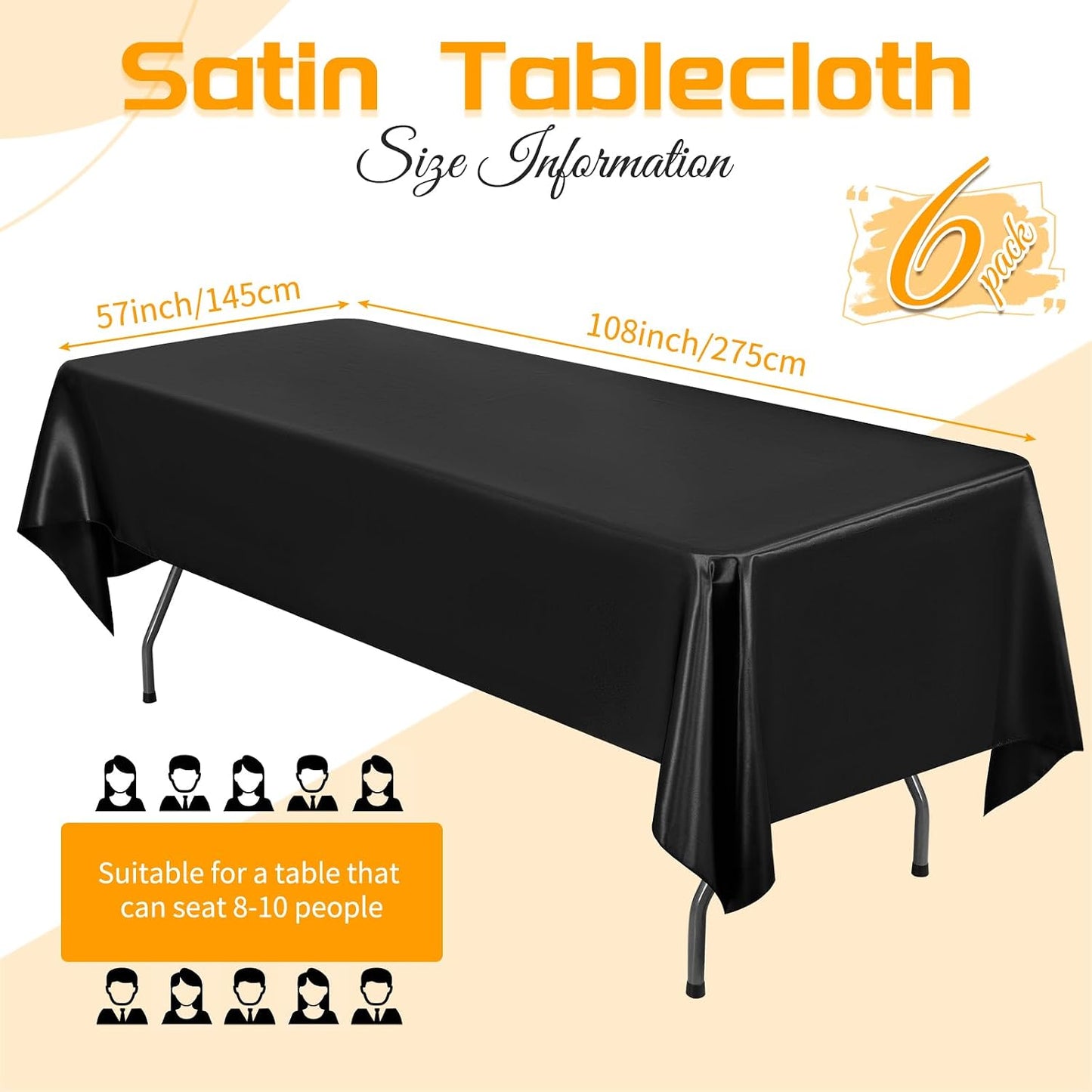 6 Manteles Satén 108x57pulg Negro para Bodas y Fiestas