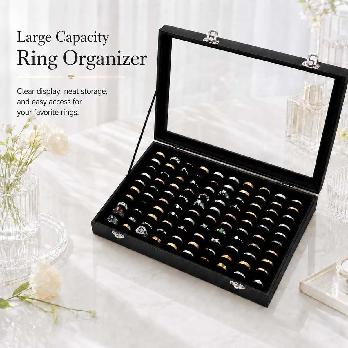 Estuche anillos 100 ranuras con tapa transparente