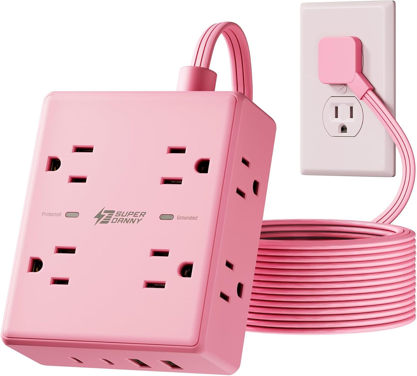 Cable extensión rosa 10ft con regleta 8 tomas USB C