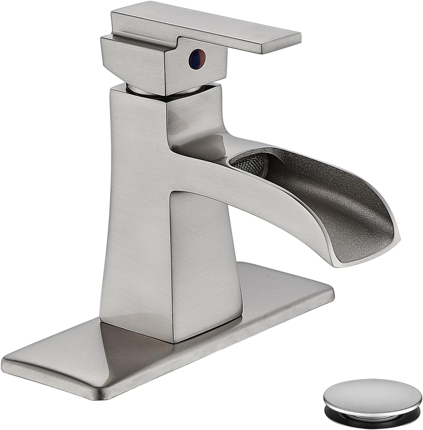 Grifo baño cascada níquel cepillado manija desagüe pop-up
