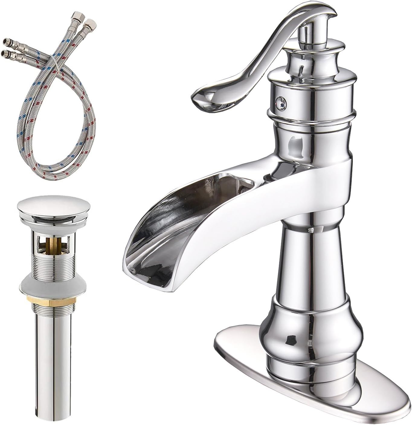 Grifo lavabo cromado plateado con tapón drenaje desplegable