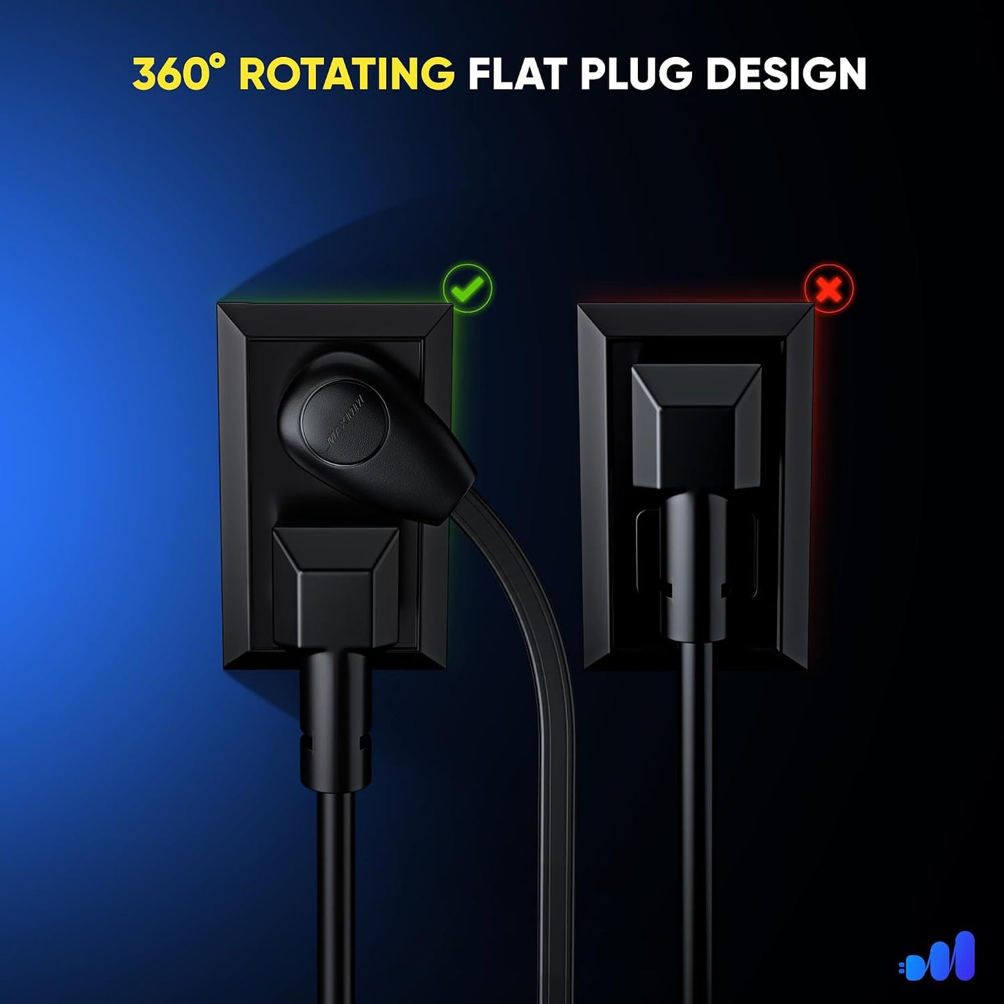 Cable extensión 4ft enchufe giratorio 360° 2 clavijas negro