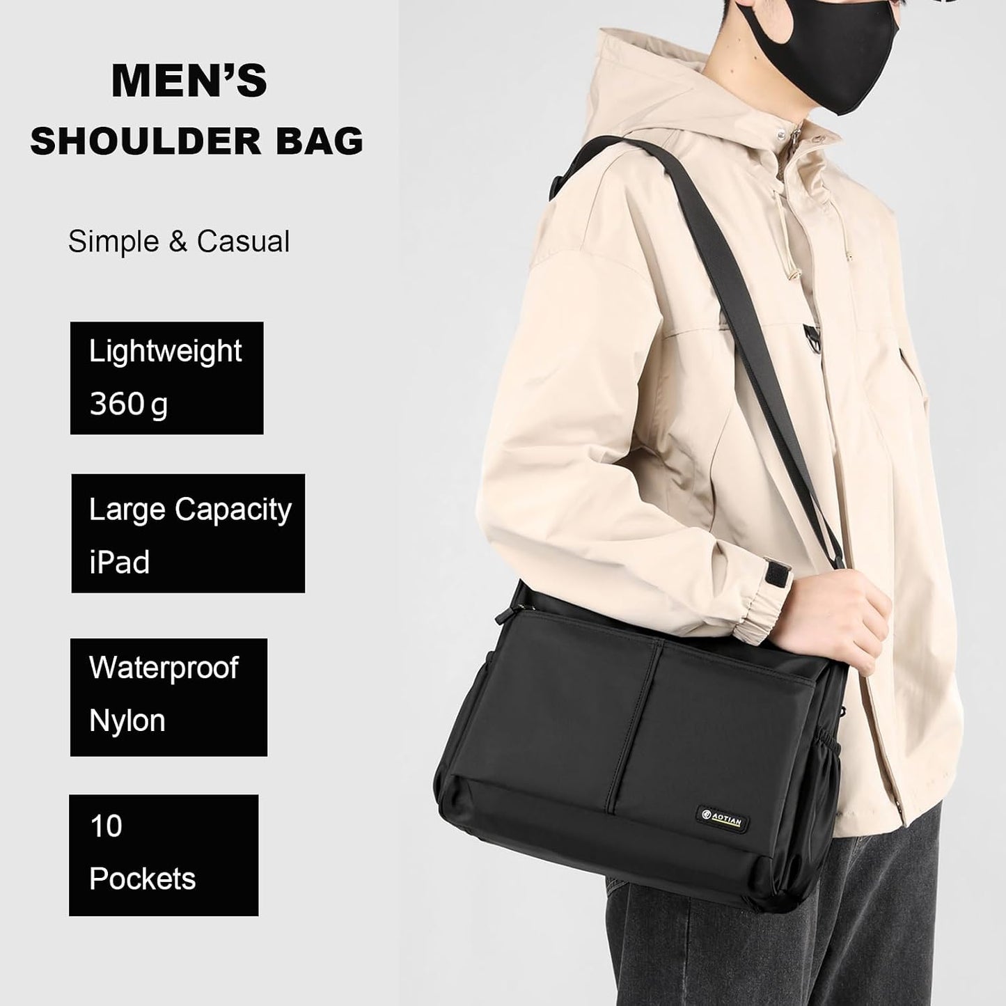 Bolsa hombro hombre nailon impermeable ligera negro
