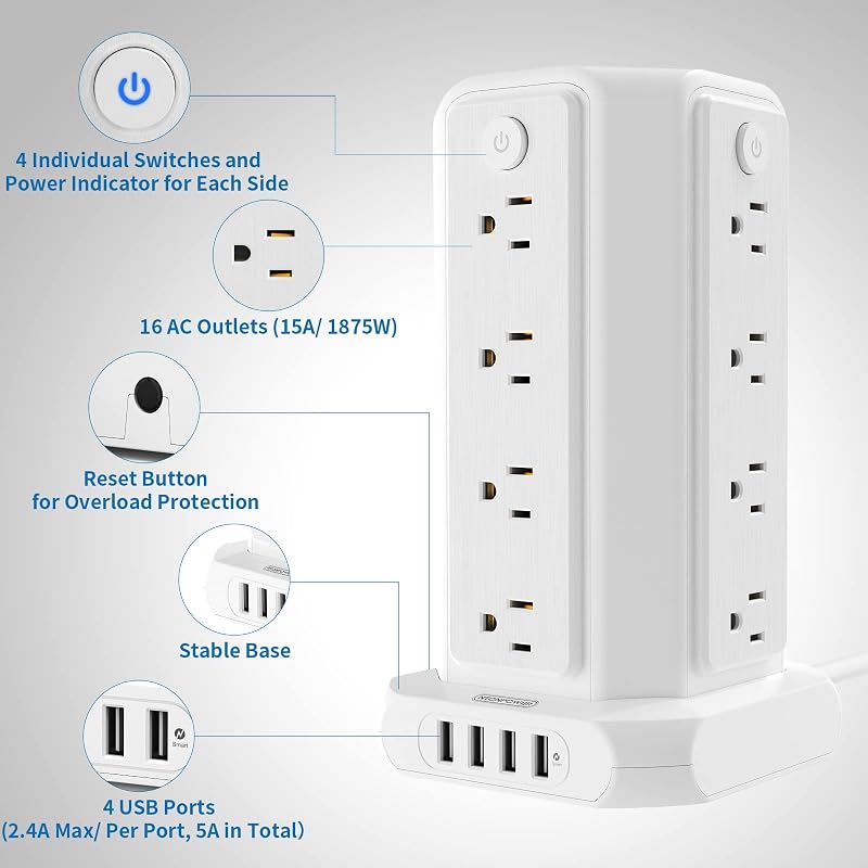 Torre regleta 10 ft 16 tomas 1875 W USB