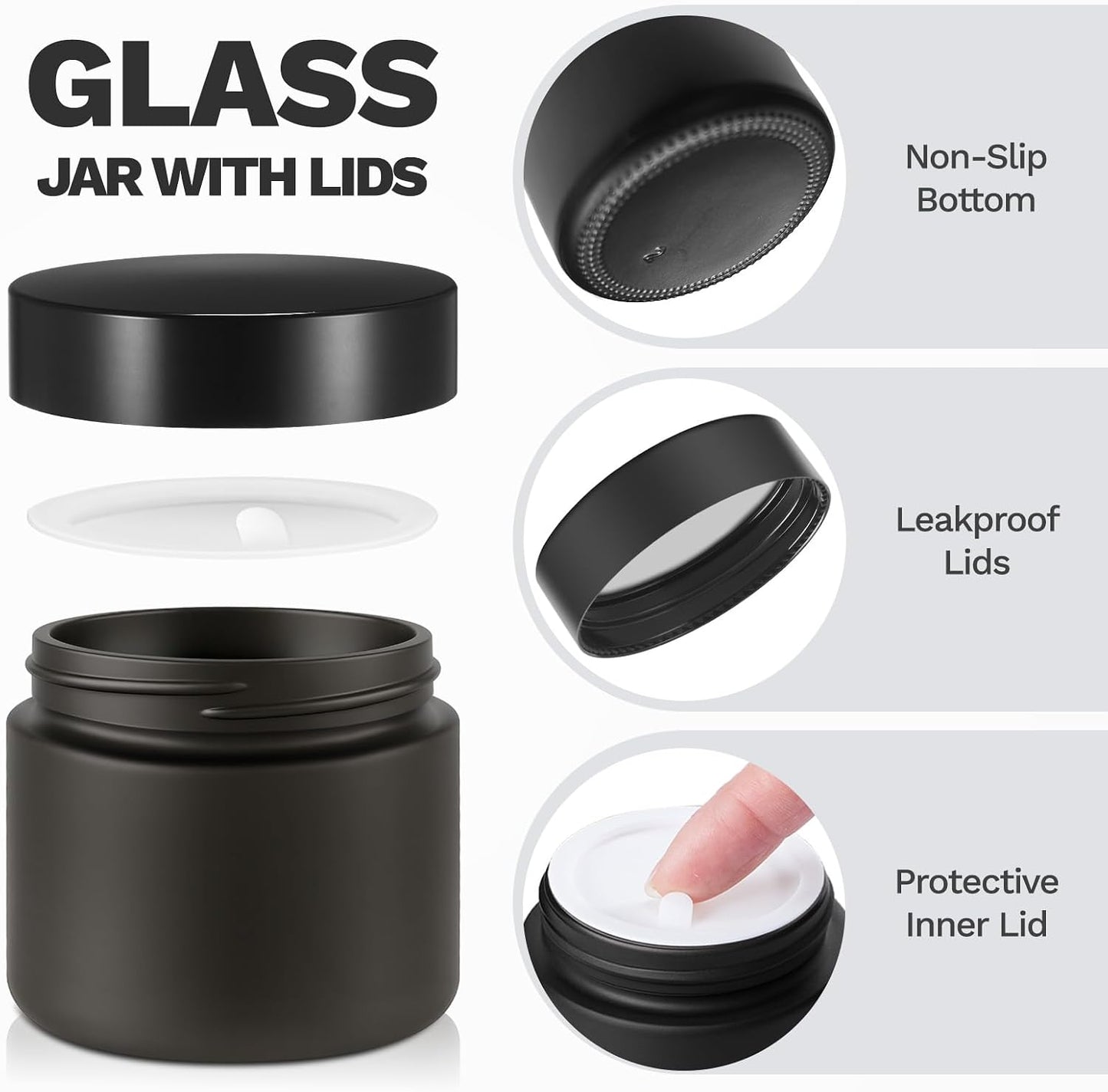 Tarros vidrio 2oz con tapas negras set 48 para crema loción