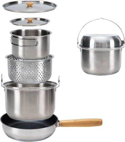 Set utensilios cocina acero inox para fogata viaje