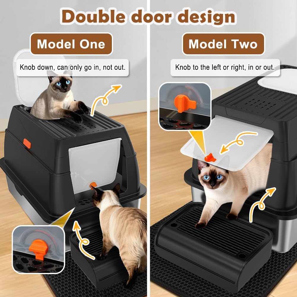 Caja arena acero inox con tapa entrada frontal XL para gatos