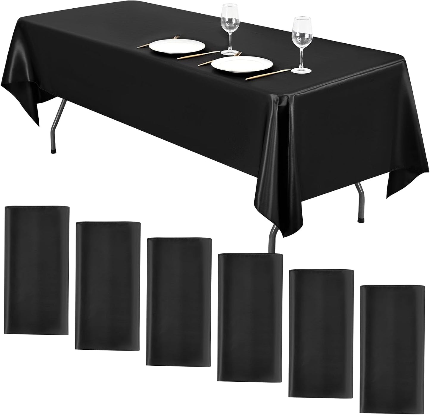 6 Manteles Satén 108x57pulg Negro para Bodas y Fiestas