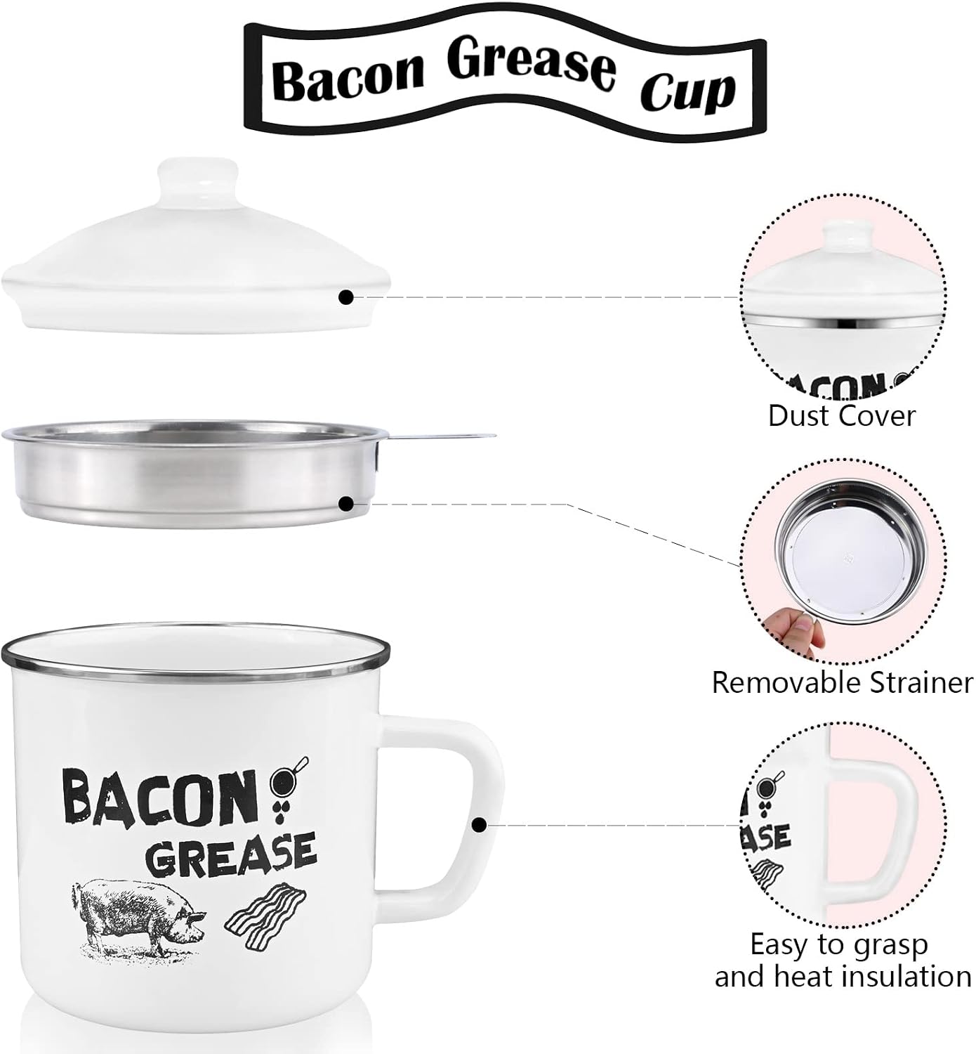 Recipiente grasa tocino 1.5l con colador y cuchara esmalte rústico
