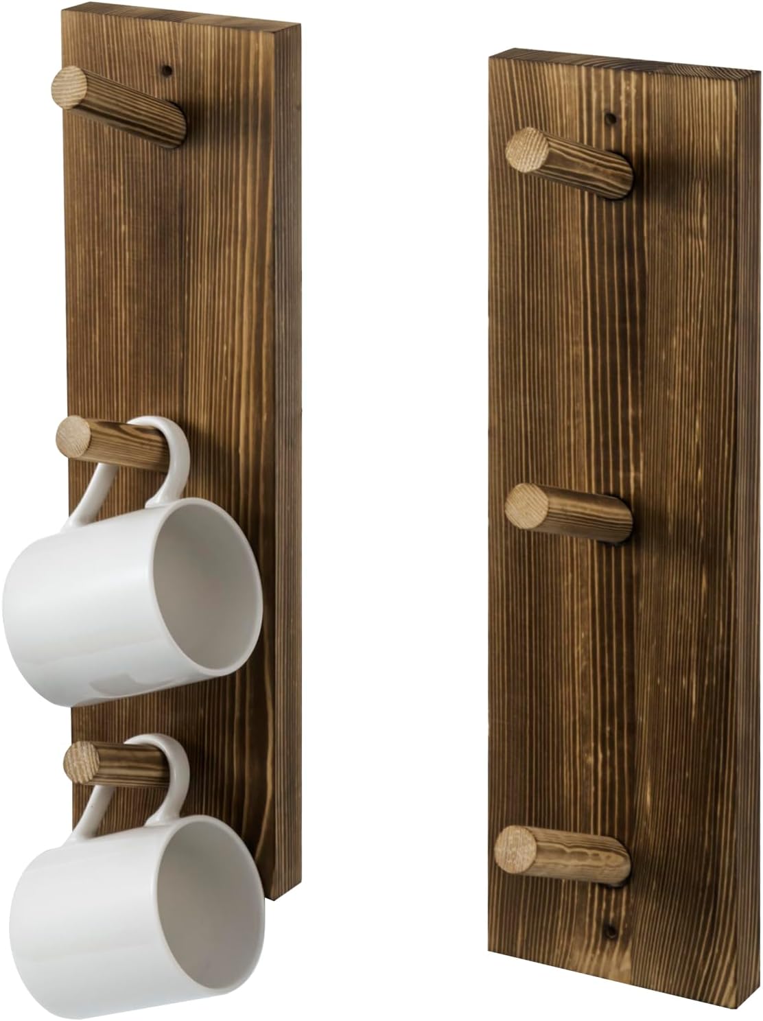 Estante madera tazas 3 ganchos quemada rústica set 2