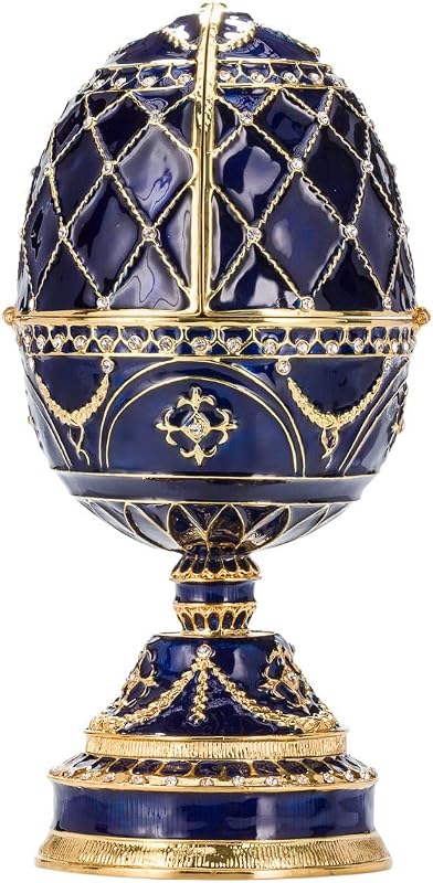 Caja música estilo Faberge con cisnes azul 6.8"