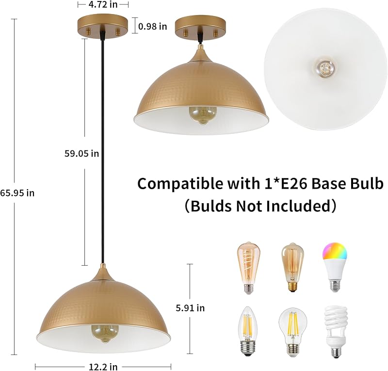 Luz colgante isla cocina cúpula dorada y blanca vintage