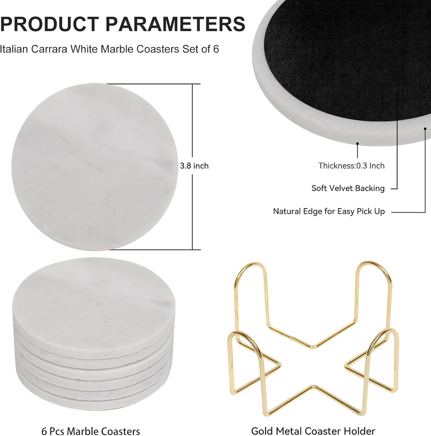 6 Pzas posavasos mármol blanco con soporte terciopelo