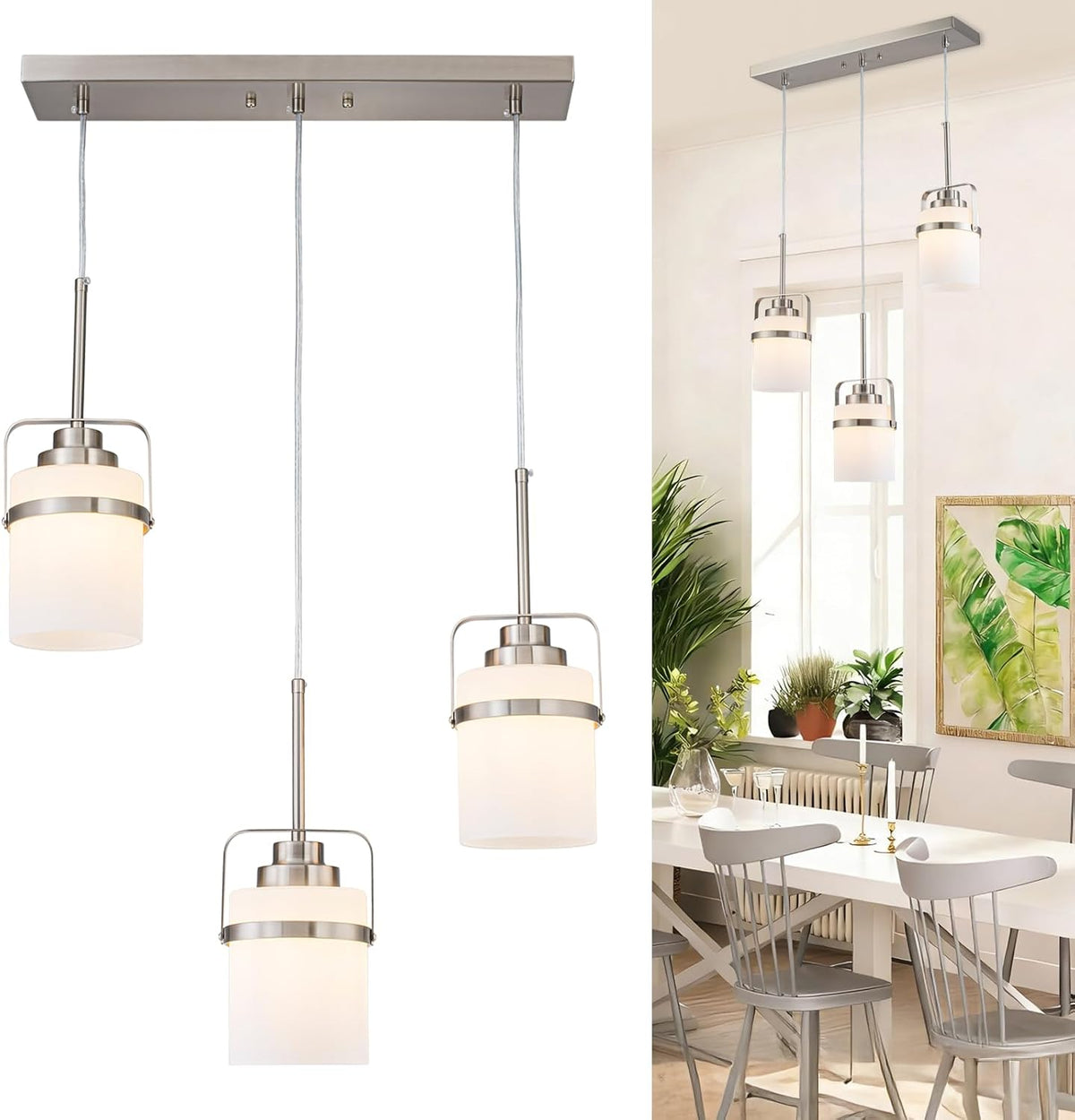 Lámpara colgante 3 luces níquel vidrio leche cocina