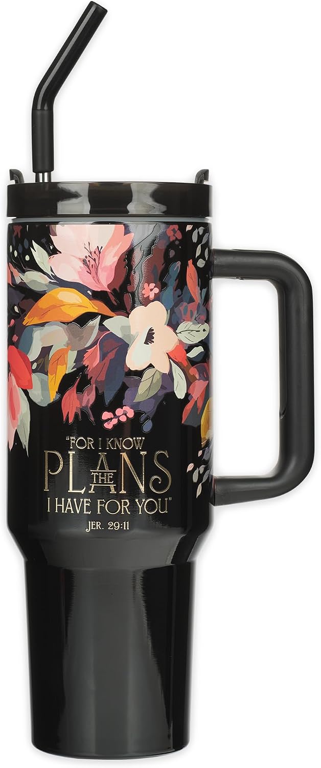 Vaso acero inox 40oz con tapa pajita mango negro flor