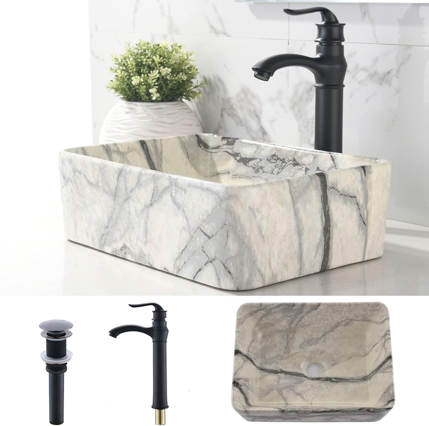 Combo fregadero grifo baño 16x12pulg revestimiento mármol