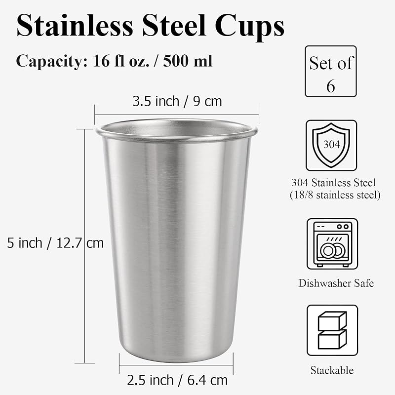 6 Pzas Vasos Acero Inox 16oz Color Plateado