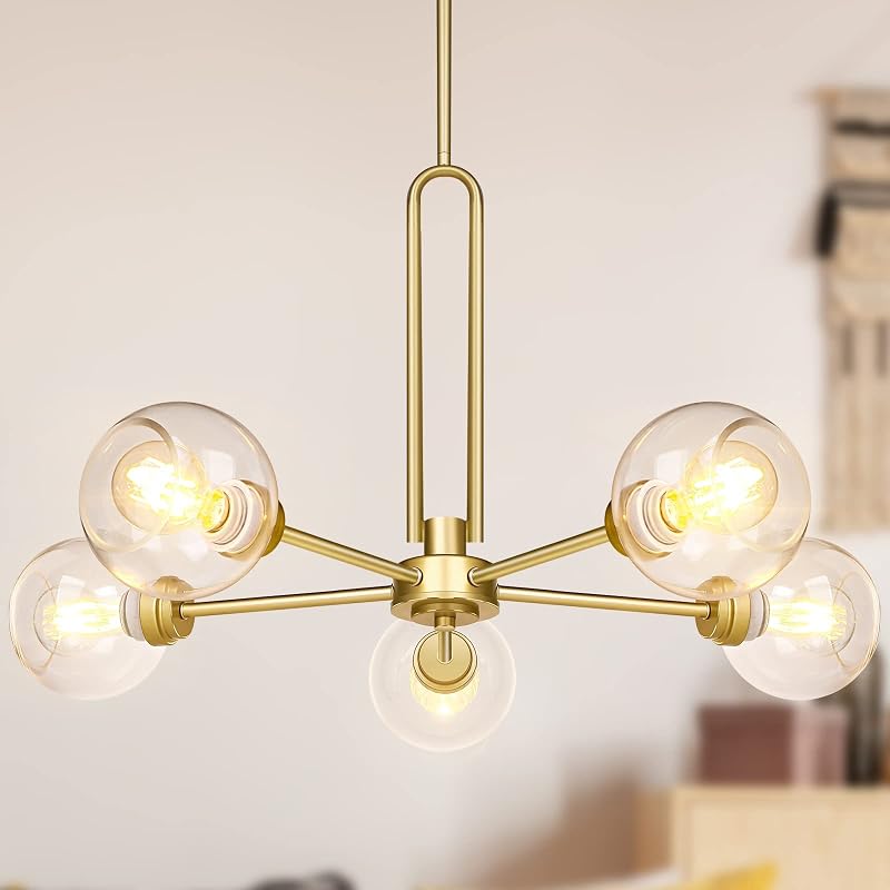 Lámpara colgante Sputnik 5 luces dorada vidrio transparente