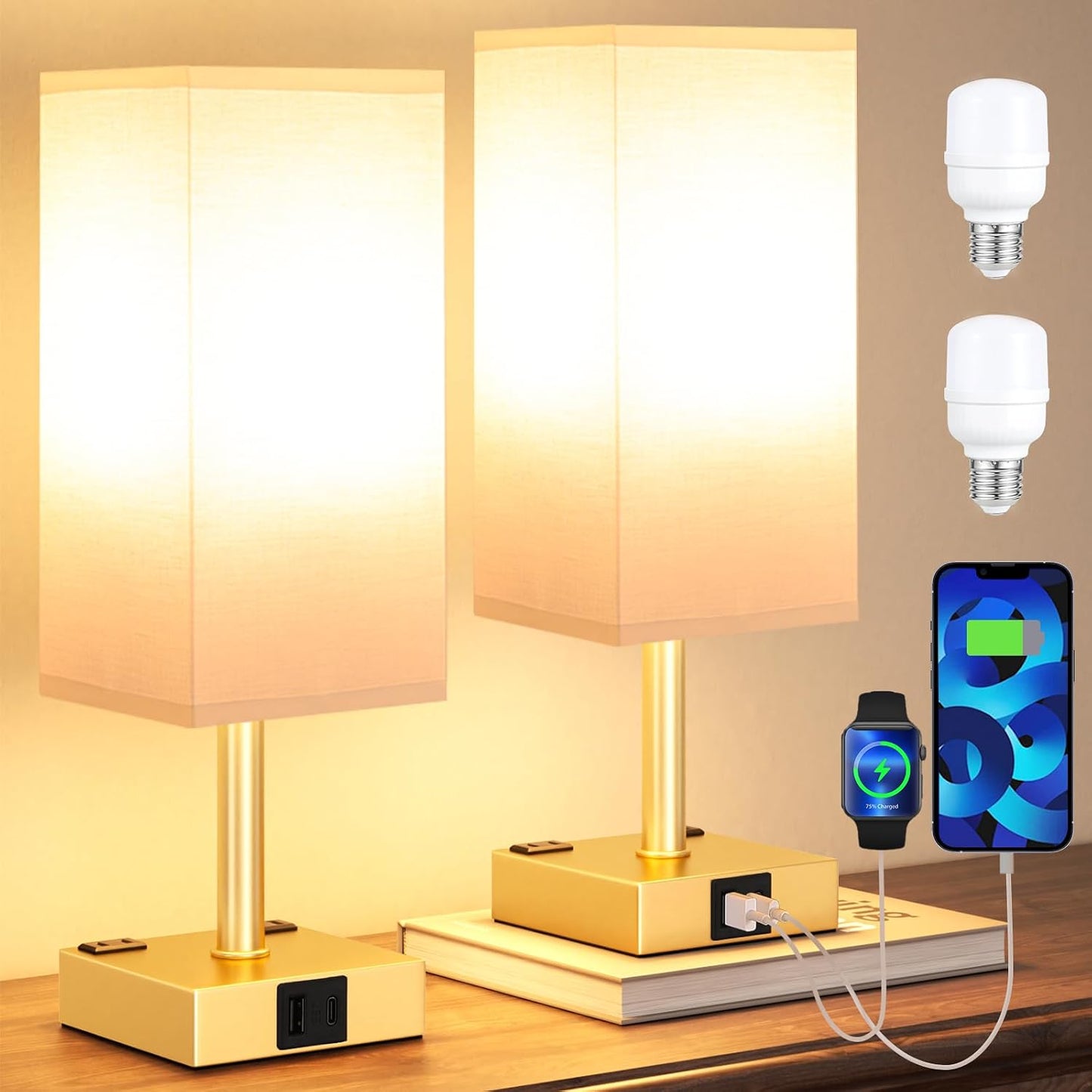 2 Lámparas táctiles con base dorada USB-C y CA regulable