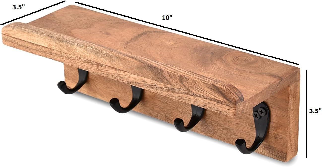 Soporte llaves madera acacia pared 4 ganchos 10x3.5"