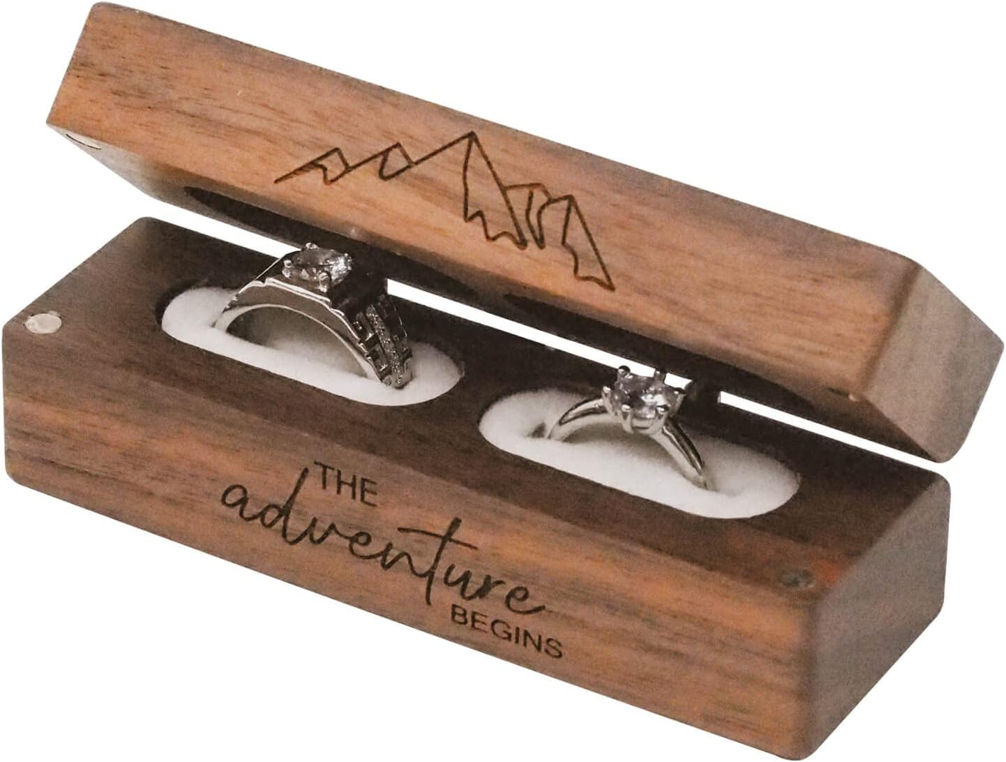 Caja madera grabada 2 anillos boda rústica vintage