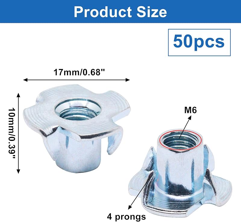 Tuercas en T M6 50 Pzas Acero Cincado 4 Puntas para Madera