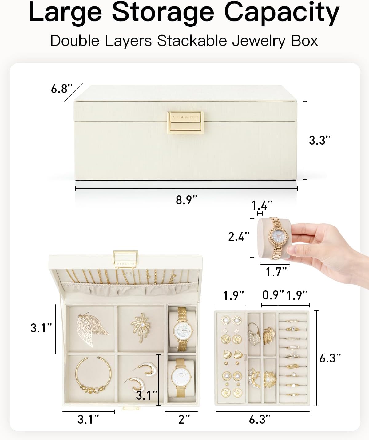 Caja organizadora joyas 2 capas con bandeja extraíble crema