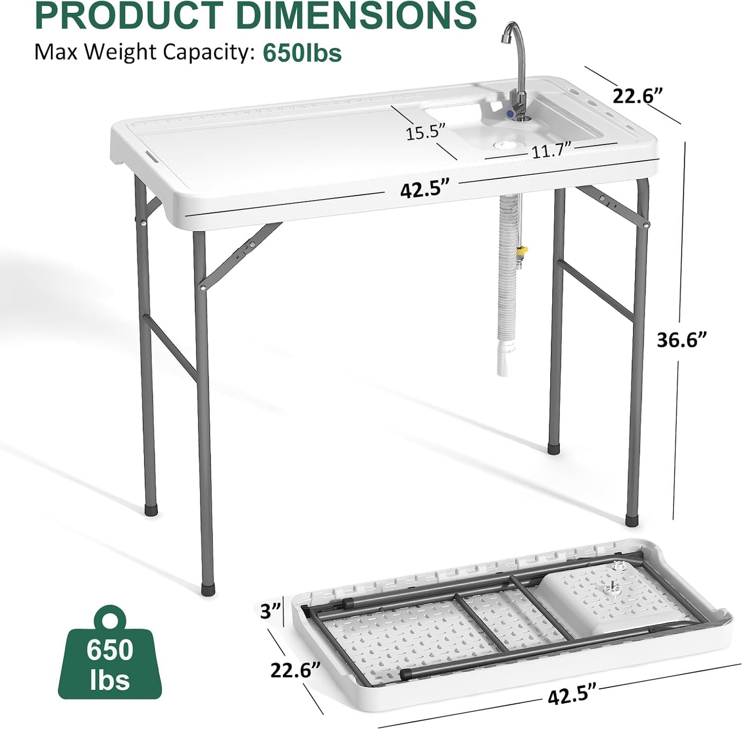 Mesa limpieza pescado 42.5pulg fregadero camping plegable