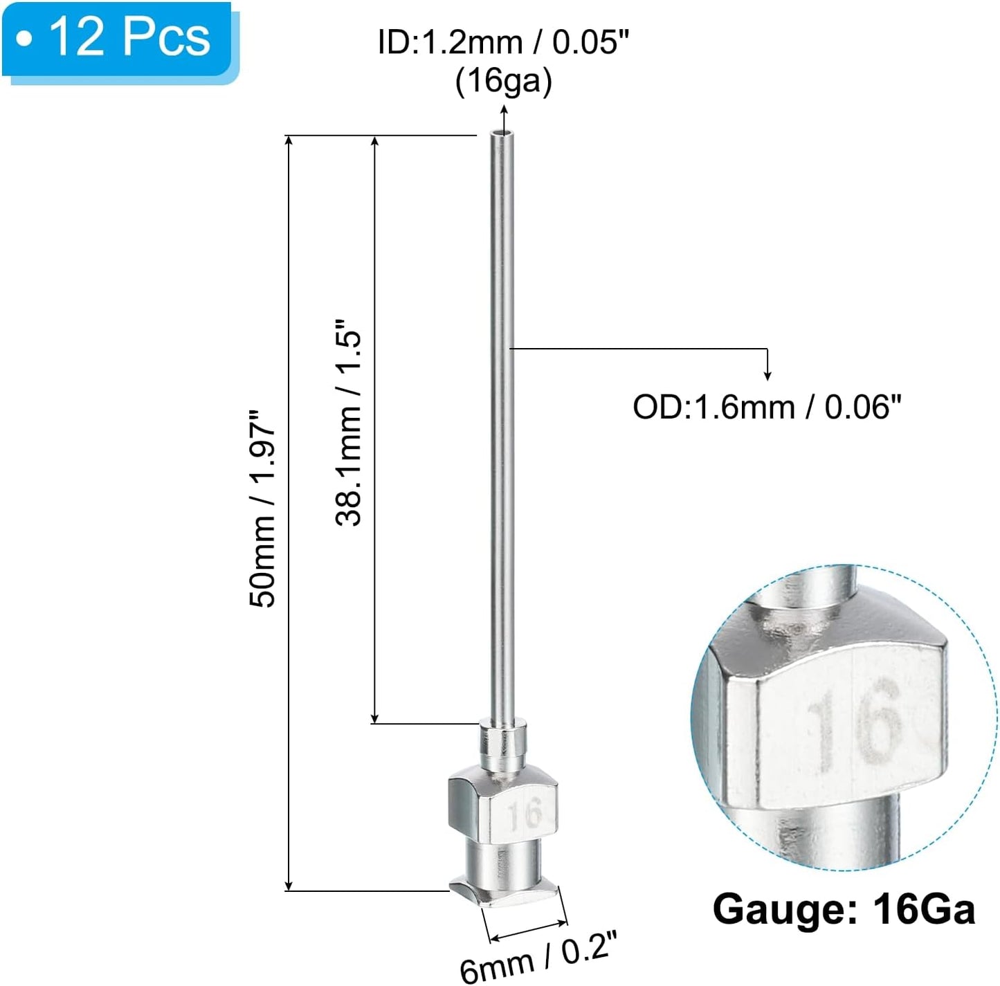 Puntas aguja acero inox 16ga 1.5pulg 12pzas