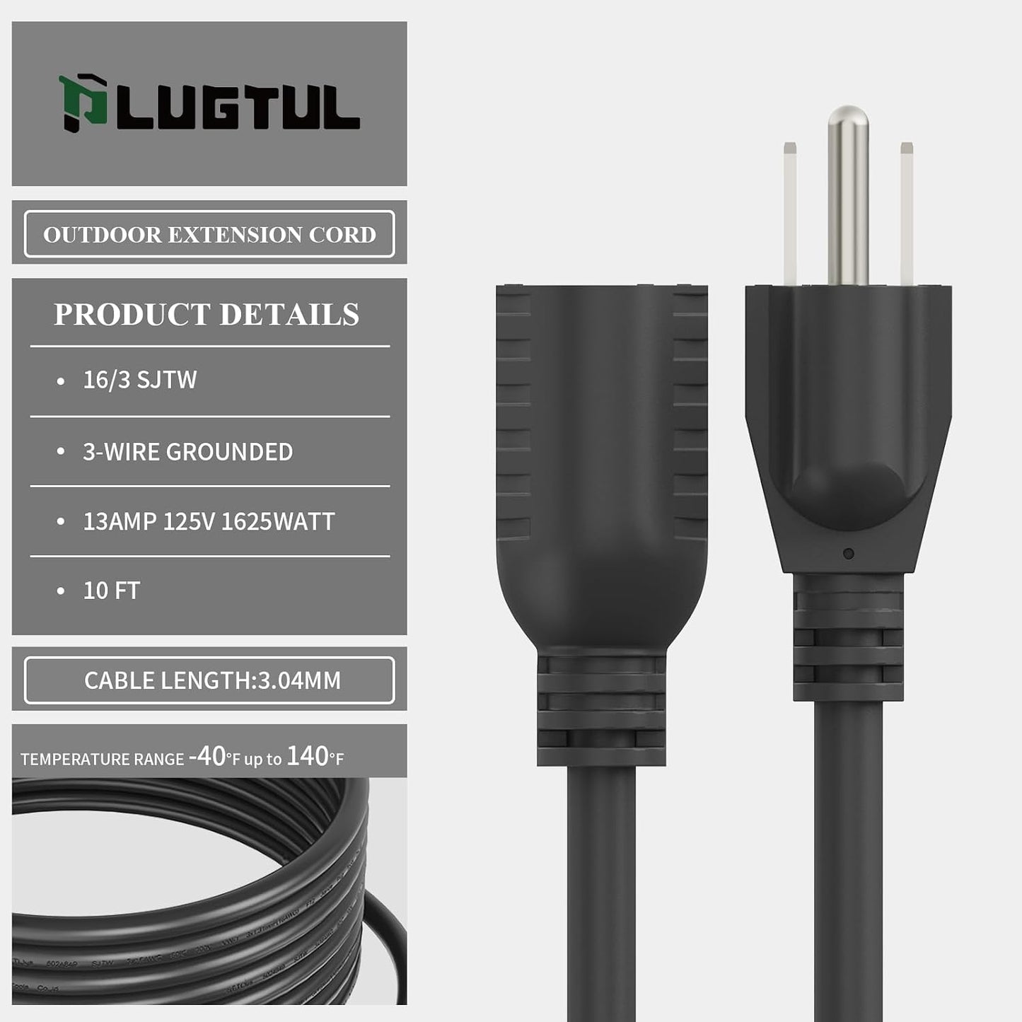 Cable extensión exterior 10ft impermeable 16/3 negro 13A 1625W