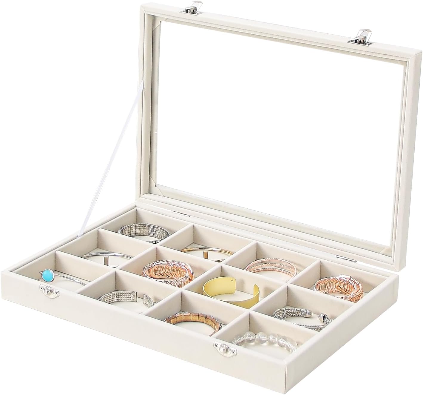 Caja terciopelo beige con 12 rejillas para joyas y tapa