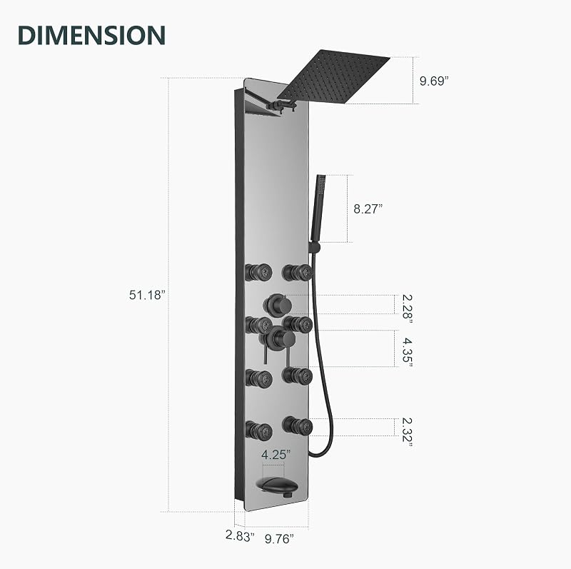 Panel ducha multifunción acero inox negro con lluvia