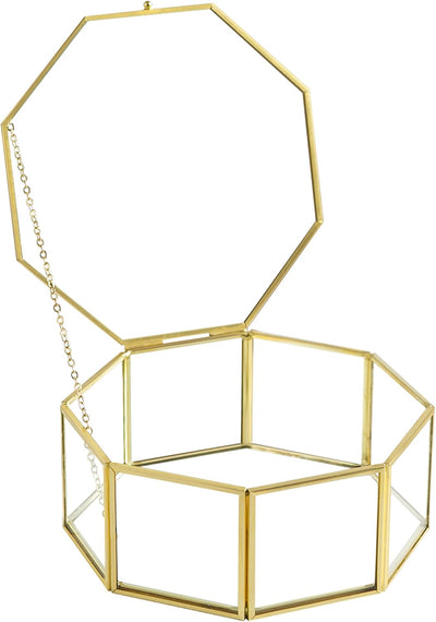 Joyero cristal octágono dorado decoración hogar con tapa