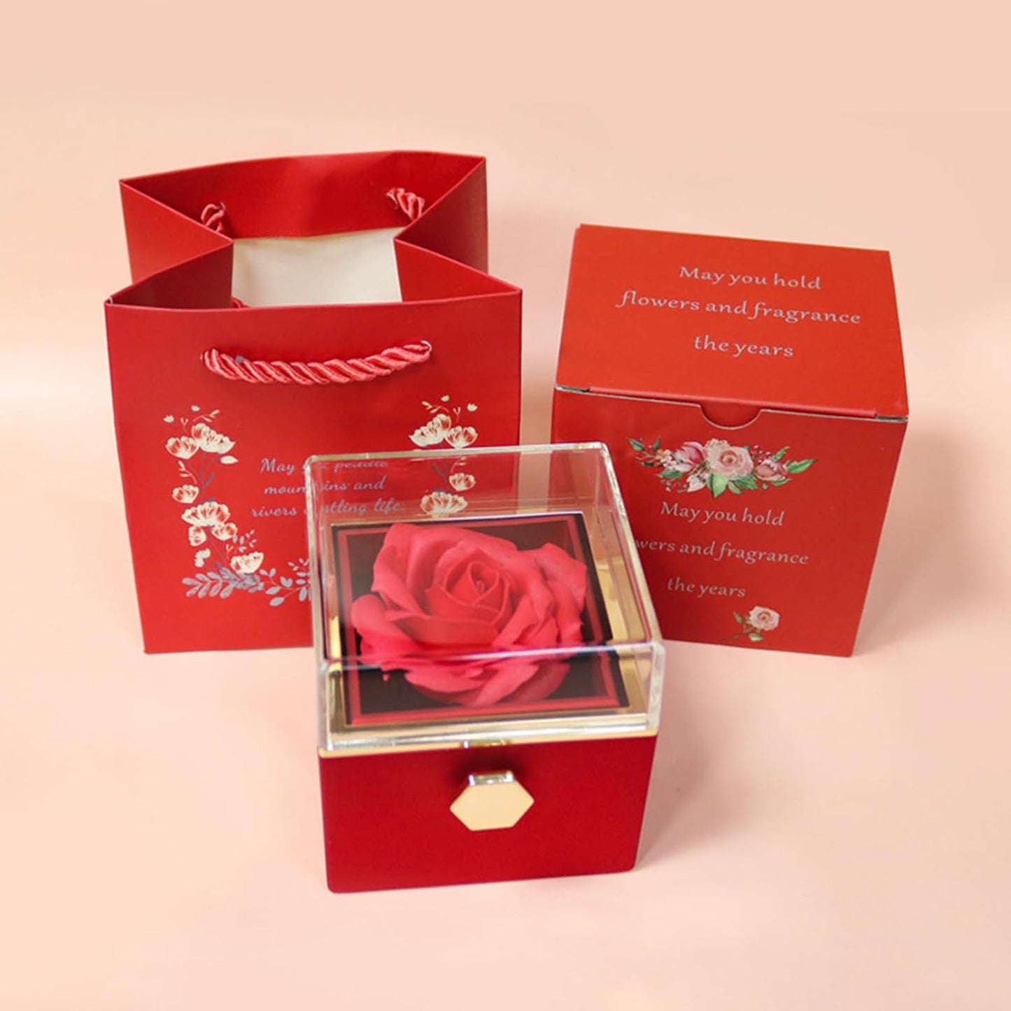 Caja regalo anillo rosa flores artificiales aniversario