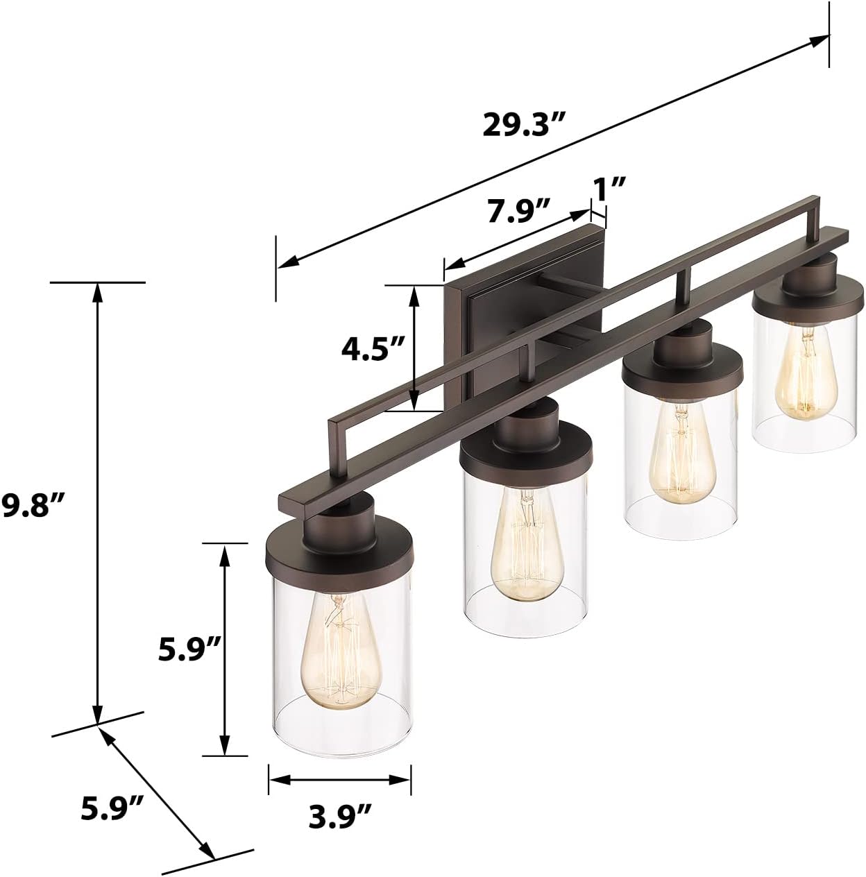 Lámpara Tocador 4 Luces Estilo Granja Bronce Frotado Vidrio